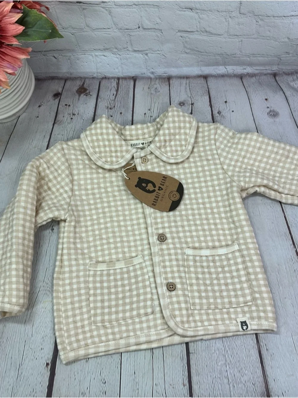 NWT Rabbit + bear Neutral beige 3pc set Jacket Joggers Tee gingham plaid